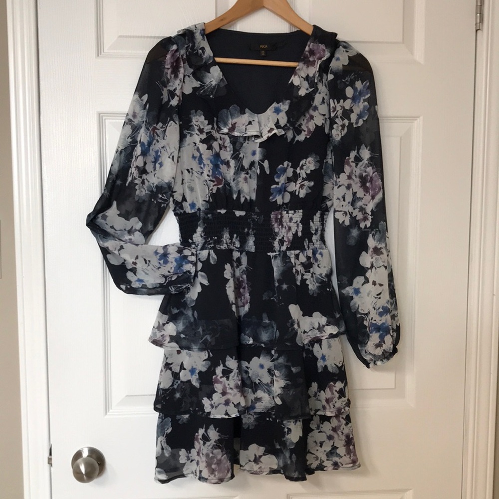 AKA Sapphire Blue Floral Mini Dress with Tiered Ruffles; Long Sleeve; XS - Picture 6 of 16